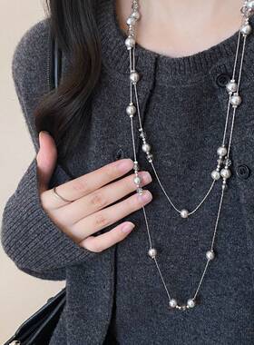 双层满天星灰色珍珠项链女轻奢高级感叠戴颈链秋冬长款毛衣链配饰