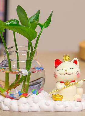 可爱招财猫祥云底水培桌面装饰品