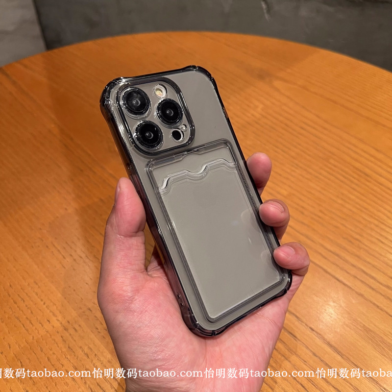 高级黑灰色17air适用16苹果15ProMax手机壳带卡包iPhone14透明卡套13mini可插卡放照片12全包XS气囊防摔XR/11