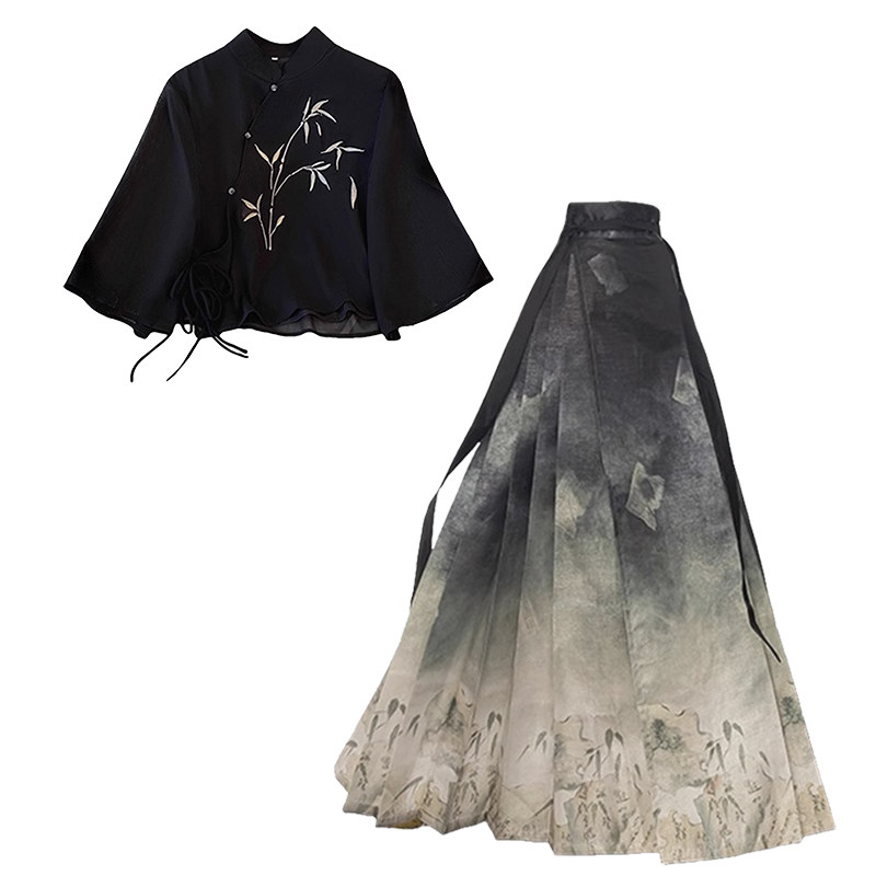 夏季原创新中式汉服刺绣禅意上衣黑色马面裙套装小个子日常可穿女,淘宝优惠券,粉丝福利购,淘宝优惠卷
