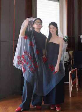 成品结婚领证拍照白纱红字头纱