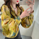 ເສື້ອ chiffon ພິມ lapel ສີເຫຼືອງສົດສໍາລັບແມ່ຍິງ