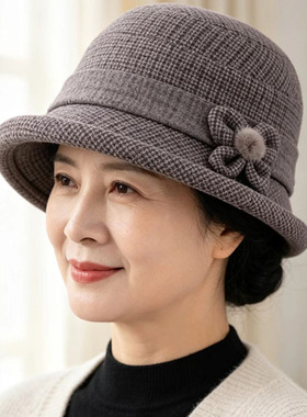 秋冬中老年女加绒加厚毛呢渔夫帽