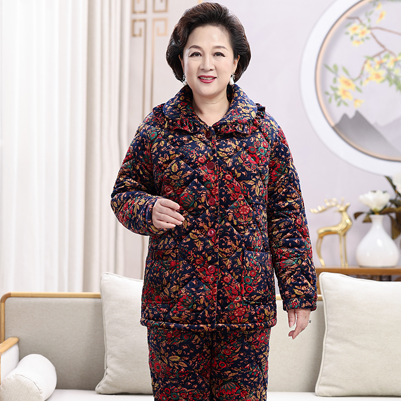 中老年人睡衣女冬季加厚绒三层夹棉珊瑚绒法兰绒套装妈妈家居服秋