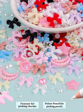 12grid/box Mixed Bow Ribbon Nail Art Resin Charms Five-petal