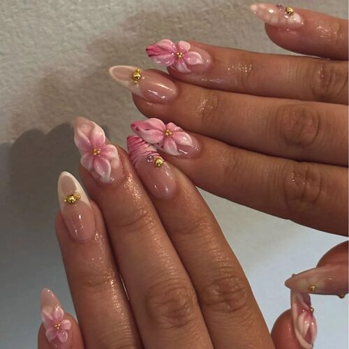 24Pcs Sweet Cool Almond Nail Set Press on Acrylic Nails 3D F - 图2