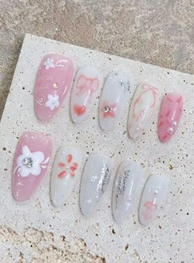10Pcs Pink Handmade Press on Nails Full Cover Bow Tie Rhines