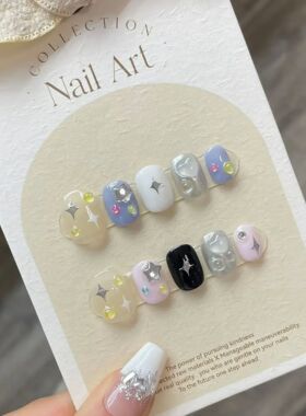 10Pcs Handmade Gothic Short Press on Nails Rhinestone Round