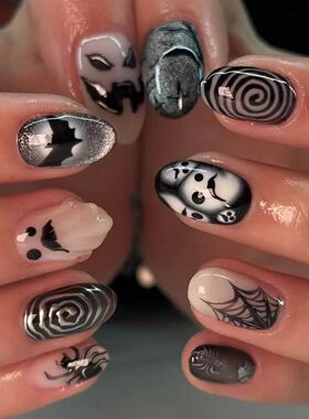 24Pcs Halloween Almond Press on Nails Black French False Nai