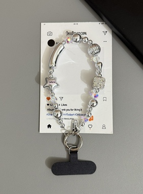 GIF满钻亮银蝴蝶结手机挂链