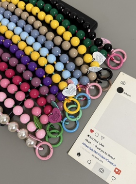 撞色串珠玫粉色时尚珍珠包包挂饰钥匙扣挂件手机壳套挂链配饰挂绳