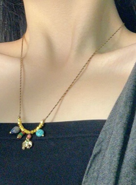 时尚黑色串珠小象吊坠抽拉绳项链新中式复古优雅淑女气质锁骨链女