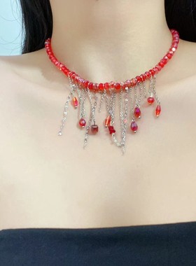 红色水晶流苏锁骨项链女拼接设计钛钢银色链条个性气质百搭锁骨链