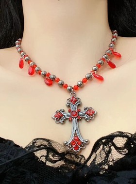 暗黑哥特朋克串珠红色水滴流苏十字架项链女小众设计个性潮酷颈链