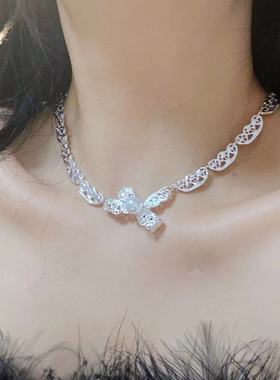 优雅仿珍珠蕾丝镂空蝴蝶结项链甜美温柔淑女少女感小众锁骨链爆款