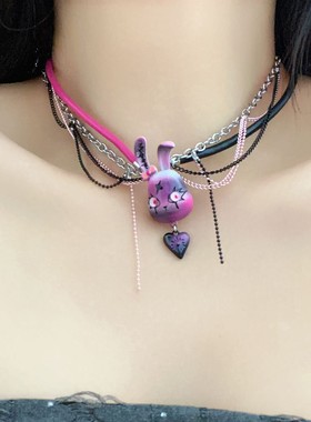 甜酷萌趣紫色流氓兔多层流苏项链时尚轻奢高级ins风小众锁骨链女