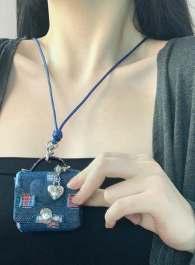 时尚牛仔布包包爱心吊坠皮绳项链网红潮流气质ins风独特毛衣链女