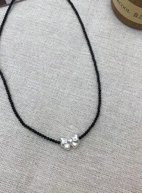 复古蝴蝶结黑色水晶串珠项链手链戒指套装简约百搭时尚潮流饰品女
