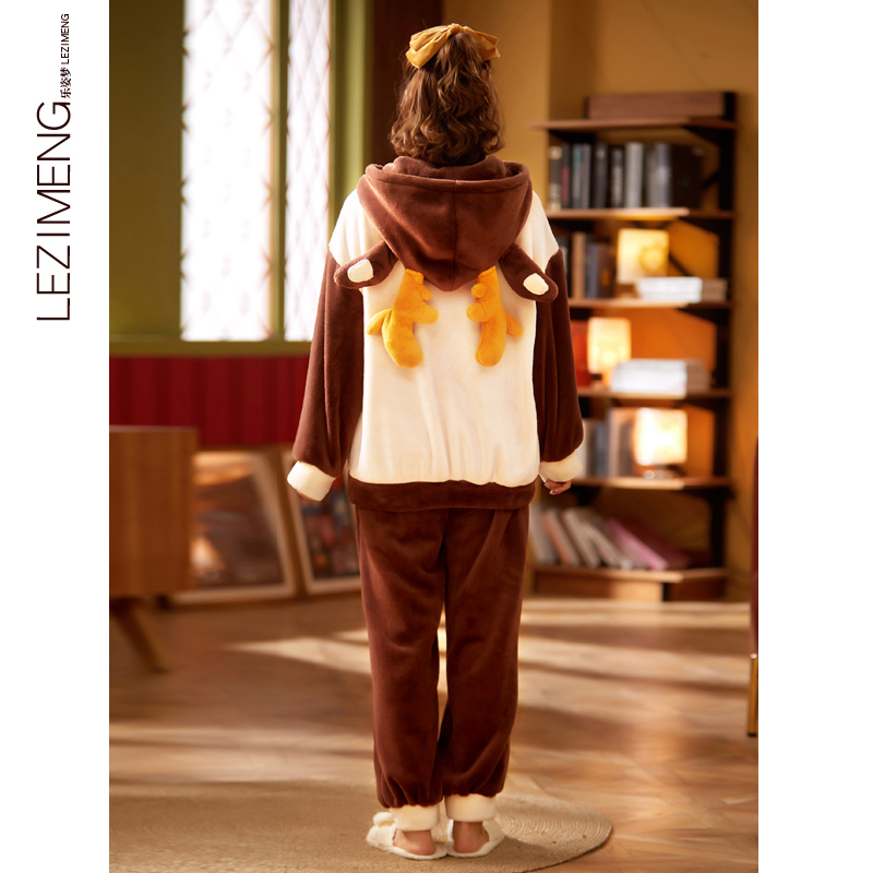 乐姿梦旗舰店连体睡衣女秋冬季加厚保暖珊瑚绒套装咖啡公主连帽卡通可爱家居服3