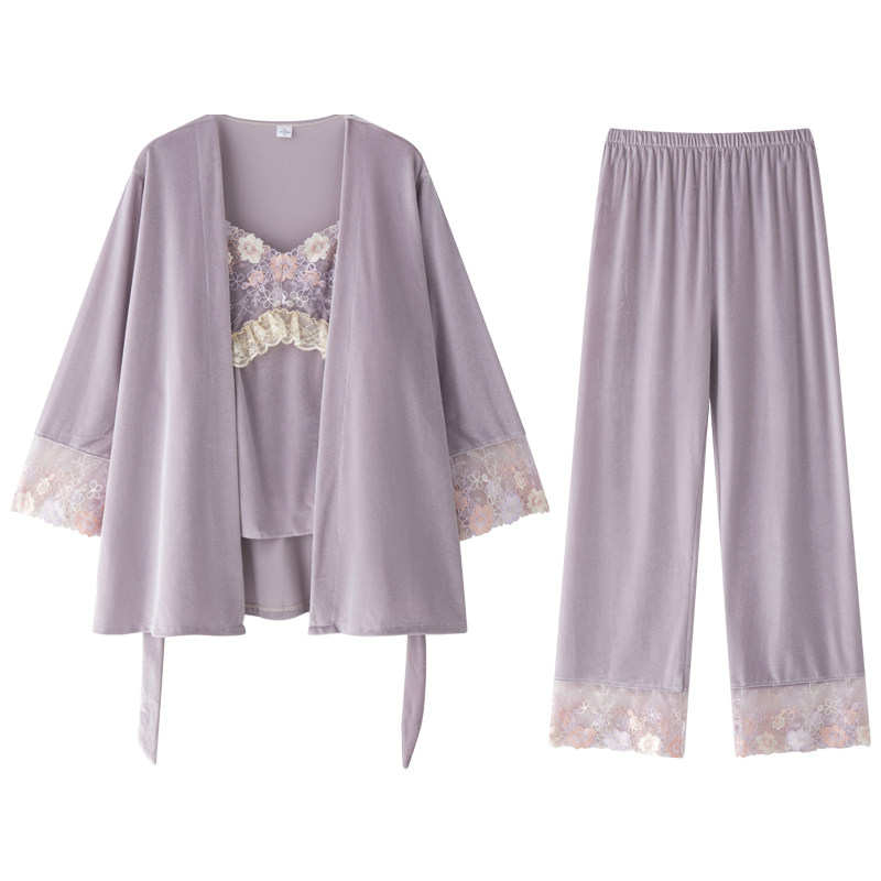乐姿梦情侣睡衣女秋冬季金丝绒性感蕾丝花边三件套家居服男士套装,淘宝优惠券,粉丝福利购,淘宝优惠卷