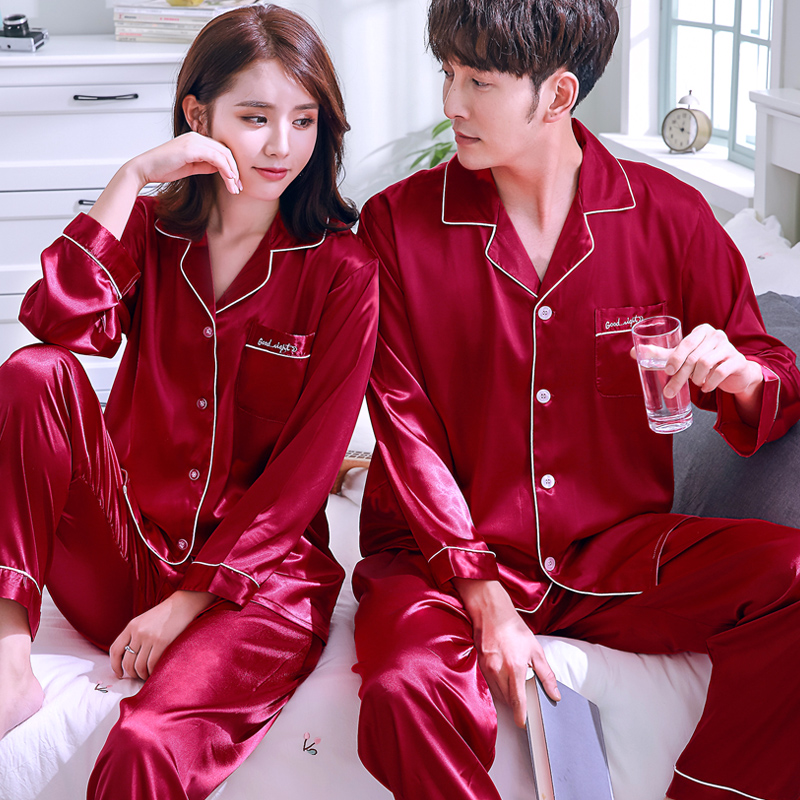 乐姿梦旗舰店结婚睡衣新婚情侣套装新娘红色婚礼仿真丝绸婚用喜庆家居服男女士1
