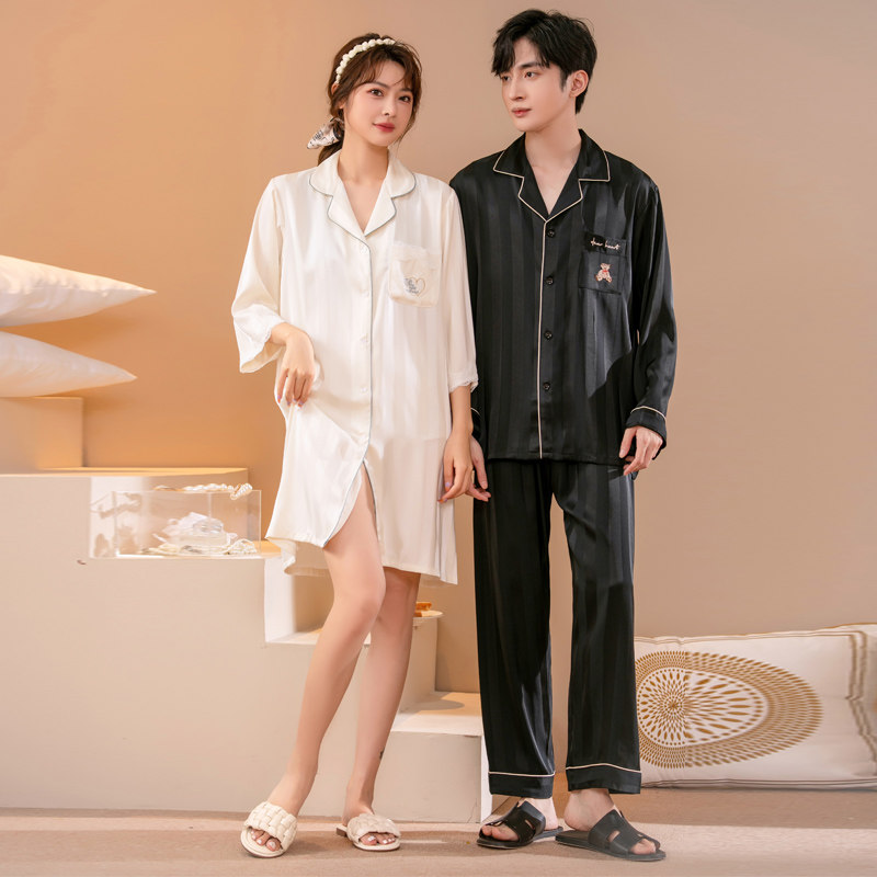 情侣睡衣一男一女冰丝春秋款夏季开衫条纹性感睡裙高级感两件套装,淘宝优惠券,粉丝福利购,淘宝优惠卷