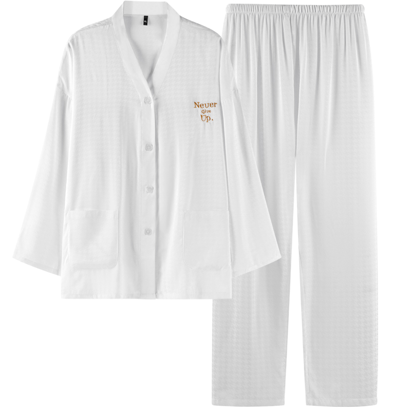 乐姿梦旗舰店乐姿梦睡衣男士冰丝长袖春秋季青少年丝绸家居服V领宽松大码套装0