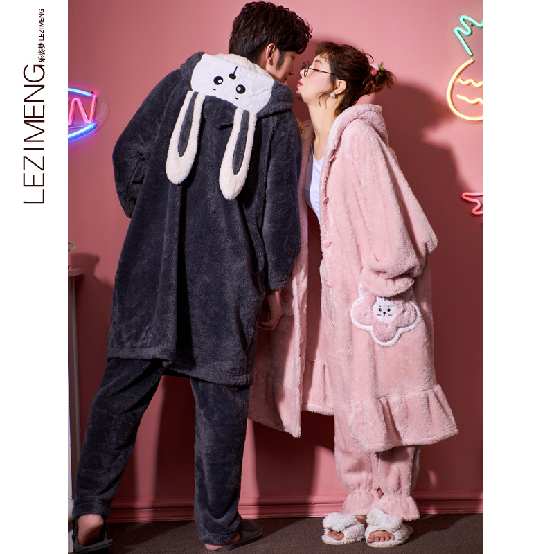 乐姿梦旗舰店法兰绒睡衣女情侣秋冬连衣帽加厚珊瑚绒睡袍可爱小白兔男士家居服3