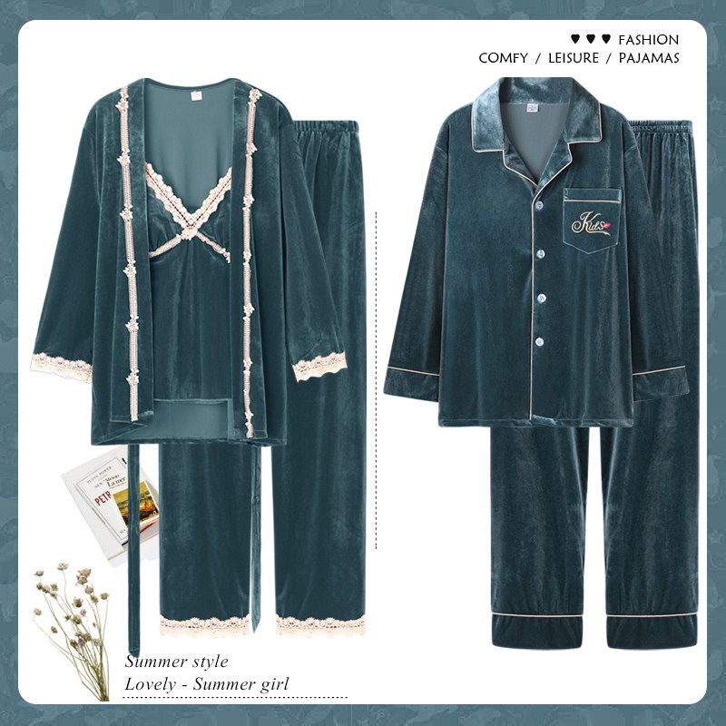 乐姿梦金丝绒情侣睡衣女秋冬季性感三件套装男士长袖高级感家居服,淘宝优惠券,粉丝福利购,淘宝优惠卷