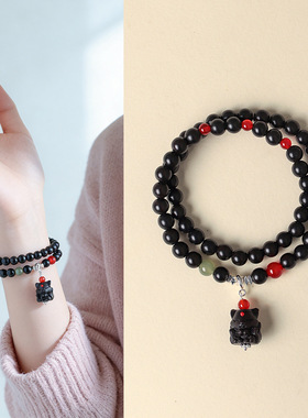 抖音爆款天然黑檀木九尾狐串珠手链女文艺复古和田玉黑檀文玩手串