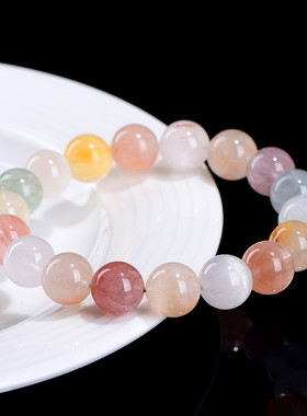 久雅水晶 天然彩虹色兔毛圆珠手链 多宝彩色发晶散珠手串  批发