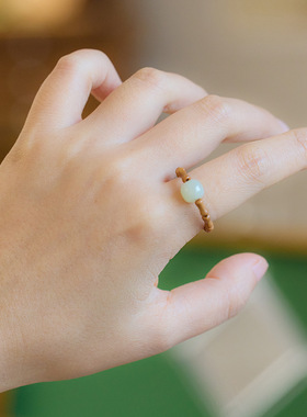 新中式天然和田玉戒指女指环核桃竹节尾戒文玩汉服国风配饰批发