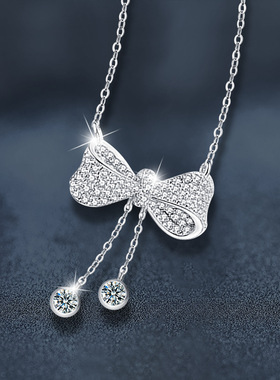 美国Lockend莫桑钻925银项链女银流苏蝴蝶结吊坠高级锁骨链项饰