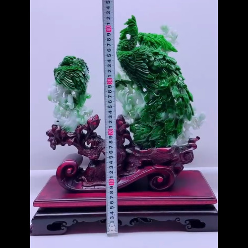 缅甸天然A货玉石翡翠孤品 精雕精品老坑满绿孔雀纳福摆件 - 图1