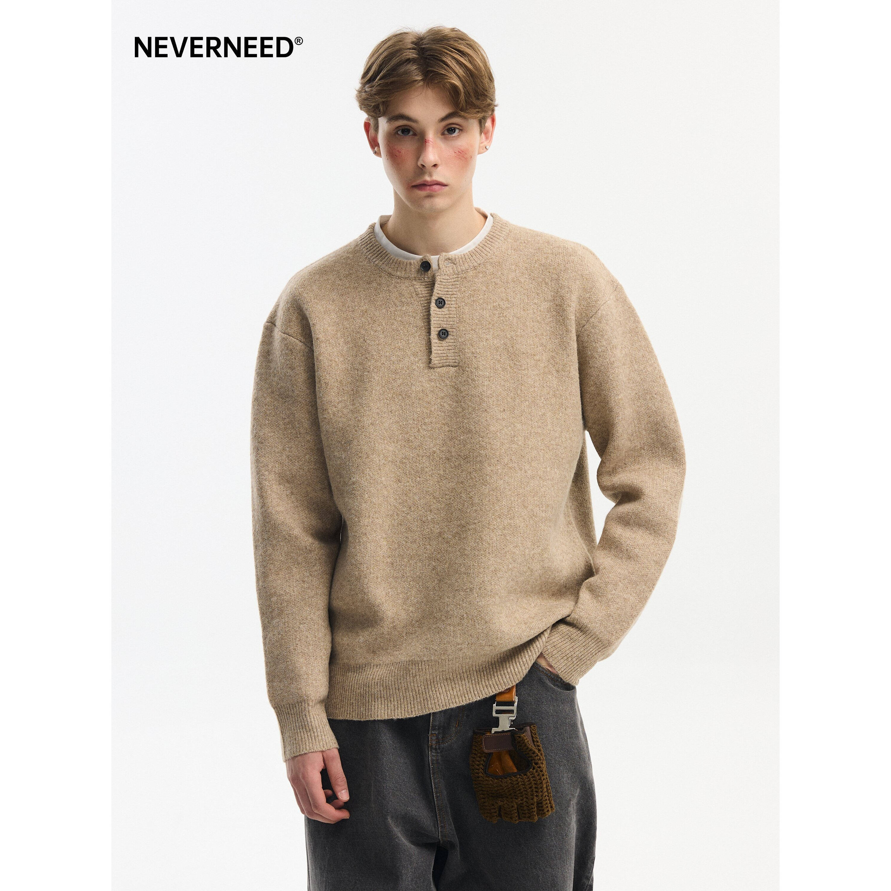NEVERNEED亨利领套头毛衣男秋冬季美式慵懒风含绵羊毛针织衫外套,淘宝优惠券,粉丝福利购,淘宝优惠卷