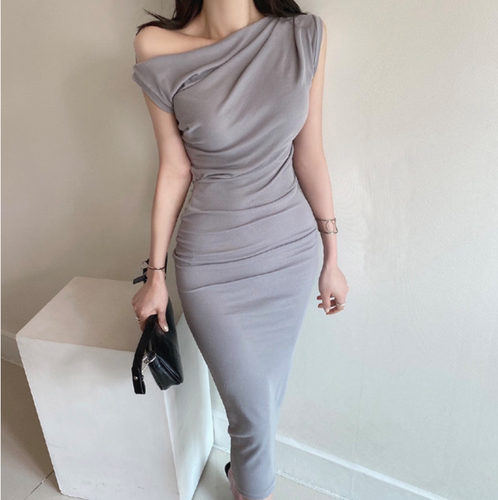 夏季优雅妩媚女人味性感褶皱斜肩无袖包臀修身背心中长裙连衣裙子 - 图0