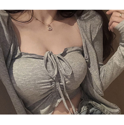 韩国东大门春秋网红辣妹性感抽绳挂脖抹胸背心+长袖开衫外套套装 - 图0