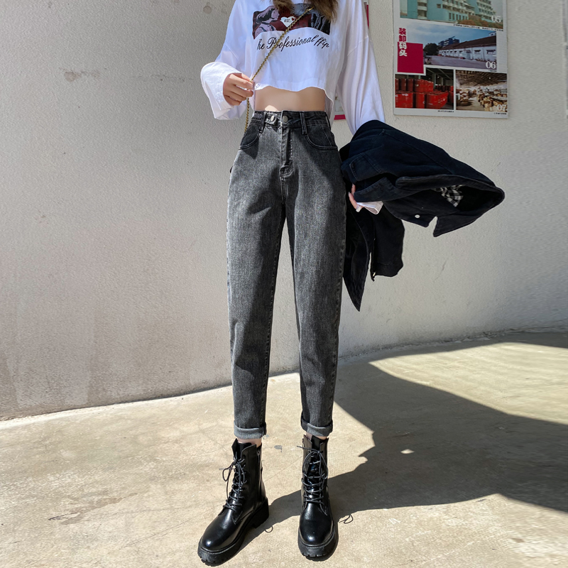 秋装烟灰色高腰老爹萝卜直筒牛仔裤 黛友牛仔裤