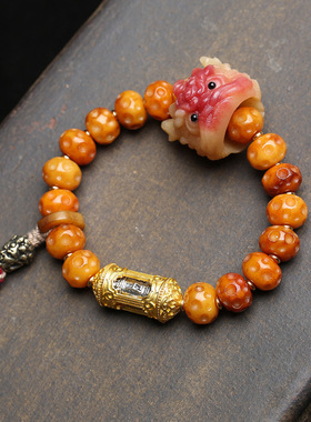 藏传回流骨雕刻文玩手串单圈老骨三通料器筛子铜佛头吊坠配饰手钏