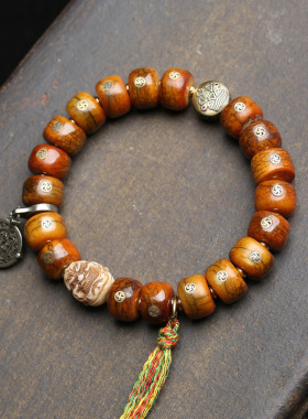 藏式回流牦牛骨桶珠万字镶嵌文玩手串单圈南红玛瑙铜配饰佛珠手钏