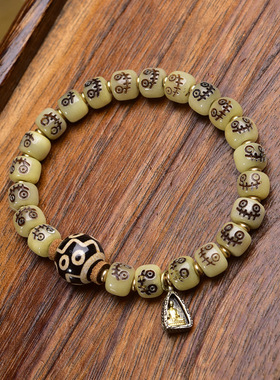 藏式文玩牦牛骨桶珠雕刻阿呆手串单圈骆驼骨料器玛瑙天珠配饰手链