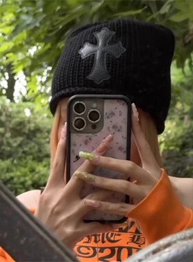 秋冬新款十字架拼皮冷帽男女美式复古ins弹力针织帽百搭毛线帽潮