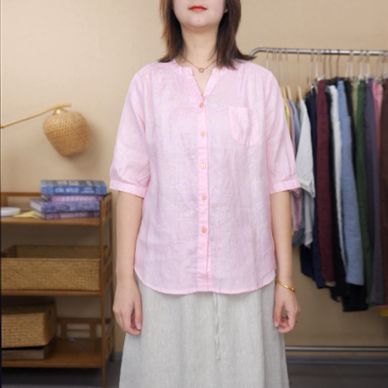 文艺百搭夏季100%亚麻小V领纯色中袖衬衫上衣女宽松显瘦麻杉包边
