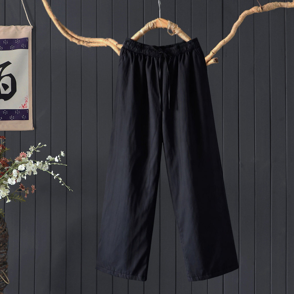 宽松显瘦纯色系带松紧腰夹棉直筒裤100%棉长裤文艺冬季保暖棉裤女,淘宝优惠券,粉丝福利购,淘宝优惠卷