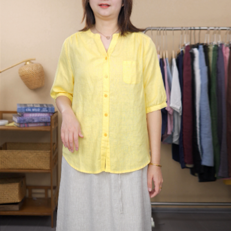 文艺百搭夏季100%亚麻小V领纯色中袖衬衫上衣女宽松显瘦麻杉包边