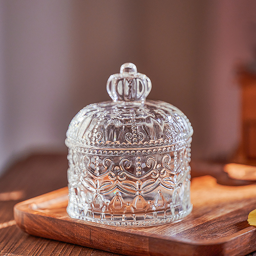 法式玻璃罐ins风彩色皇冠浮雕玻璃首饰盒复古糖果罐子摆件小精致