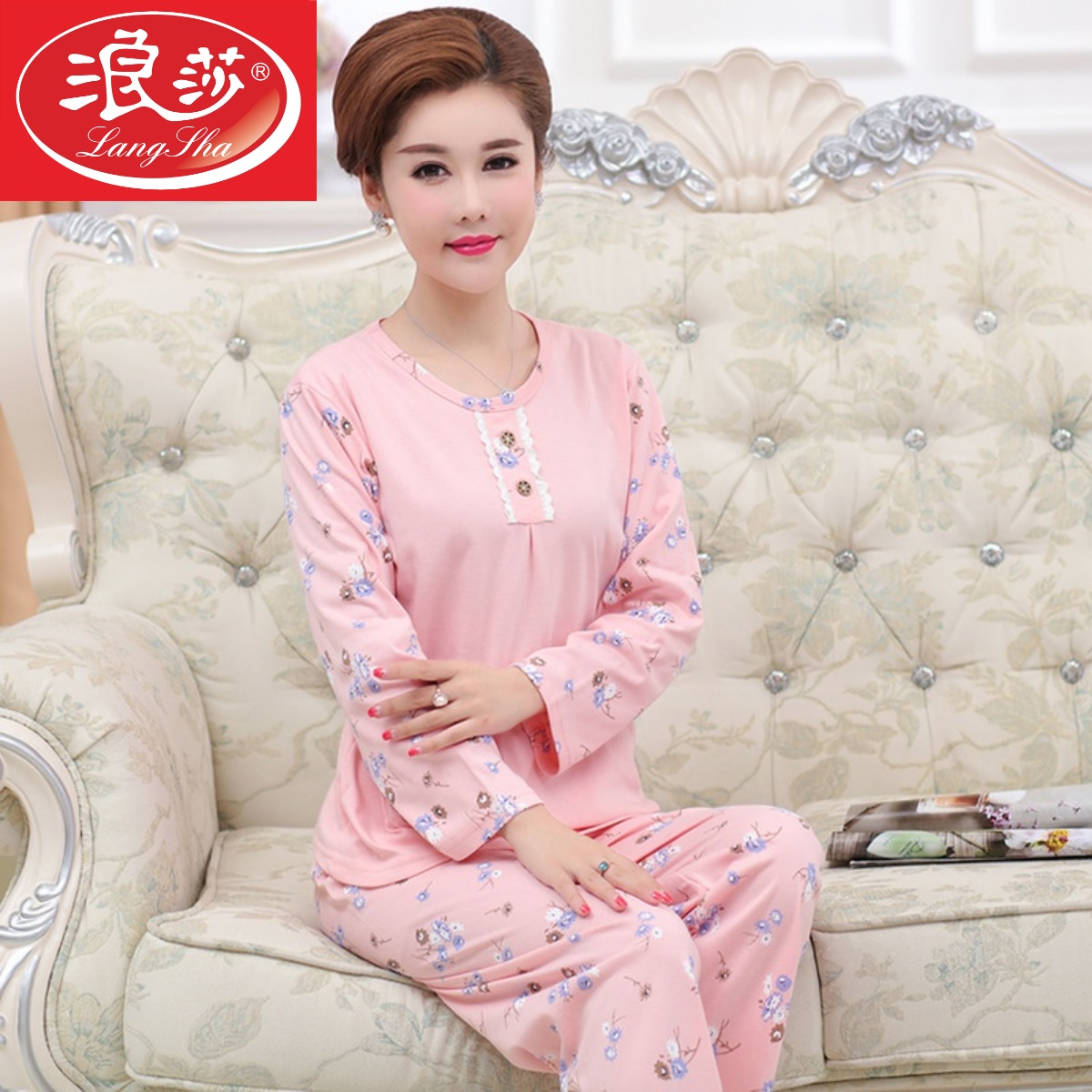 睡衣女春秋季长袖纯棉中老年中年妈妈家居服套头大码婆婆全棉套装 - 图1