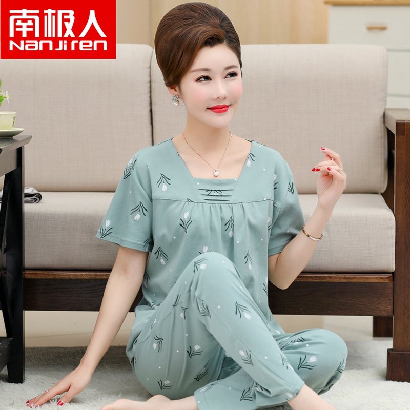 睡衣女夏季短袖长裤中年妈妈纯棉薄款中老年人奶奶圆领套头家居服