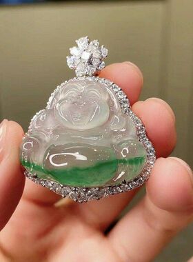 天然冰种翡翠飘绿花佛公吊坠18K金镶嵌正品缅甸a货玻璃种玉坠挂件