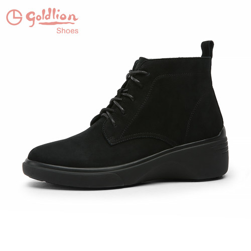 金利来真皮坡跟短靴秋冬单靴中年短筒妈妈靴子百搭厚底黑色马丁靴 - 图0